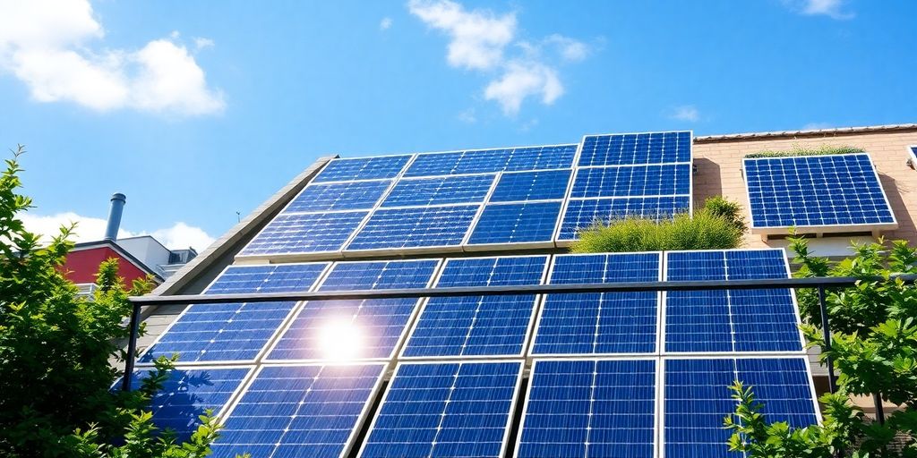 Solarmodule eines Balkonkraftwerks an einer Hausfassade unter blauem Himmel mit Sonnenschein.