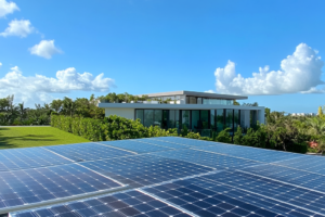 Modernes Haus mit großflächigen Solarmodulen im Vordergrund, umgeben von üppigem Grün und klarem blauen Himmel