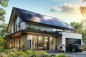 Modernes Einfamilienhaus mit Solarmodulen auf dem Dach und einer Ladestation für ein Elektroauto, umgeben von einem gepflegten Garten bei Sonnenuntergang