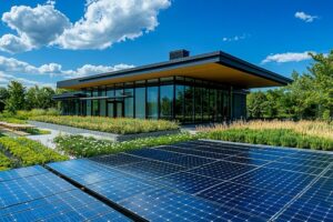 Modernes Gebäude mit großen Glasflächen und einer Dachbegrünung, im Vordergrund Photovoltaik-Solarmodule, die unter blauem Himmel in einer grünen Umgebung liegen.
